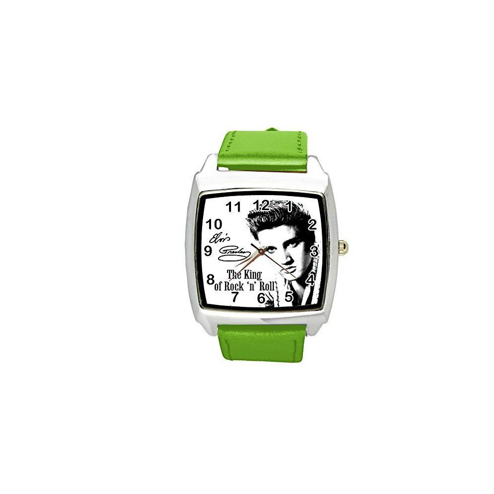 Watch Analogue Quartz with Real Leather Band Green Square for Fan of Elvis Presley