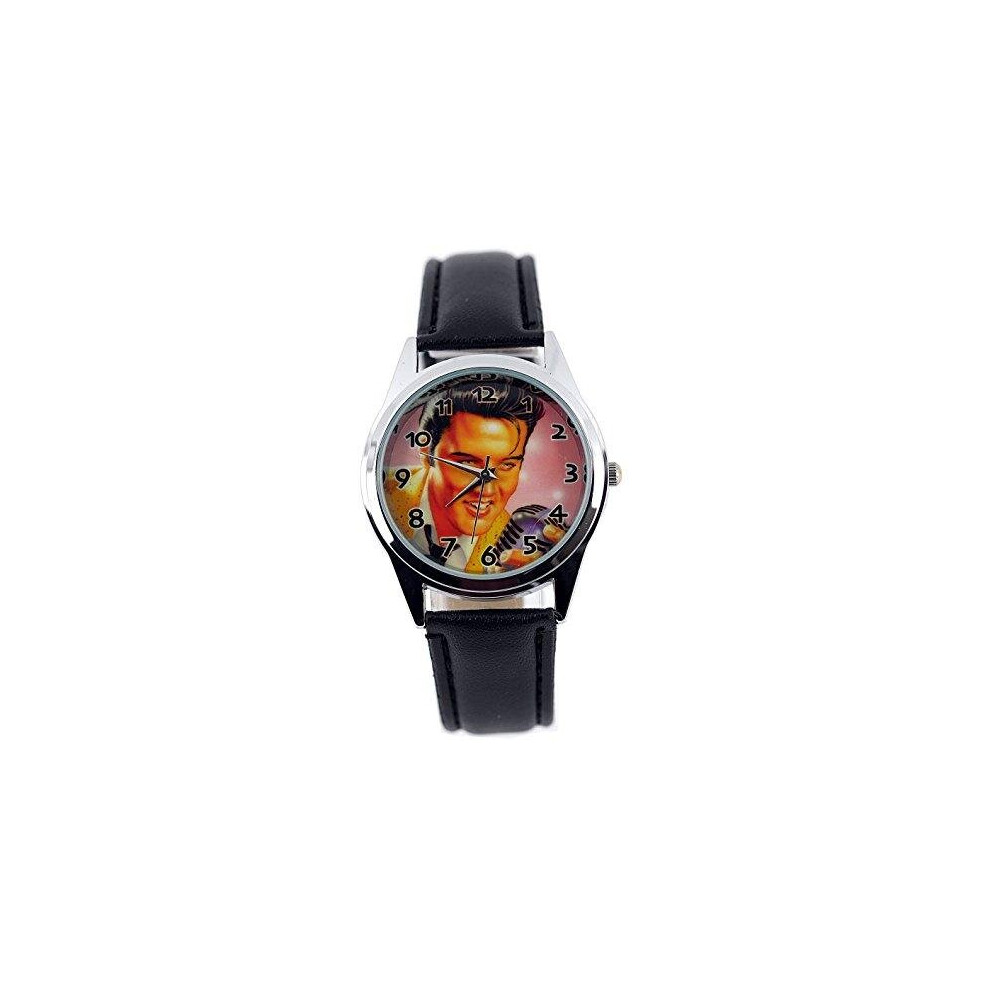 Elvis Presley Quartz Round Watch Real Leather Band Dial  Black