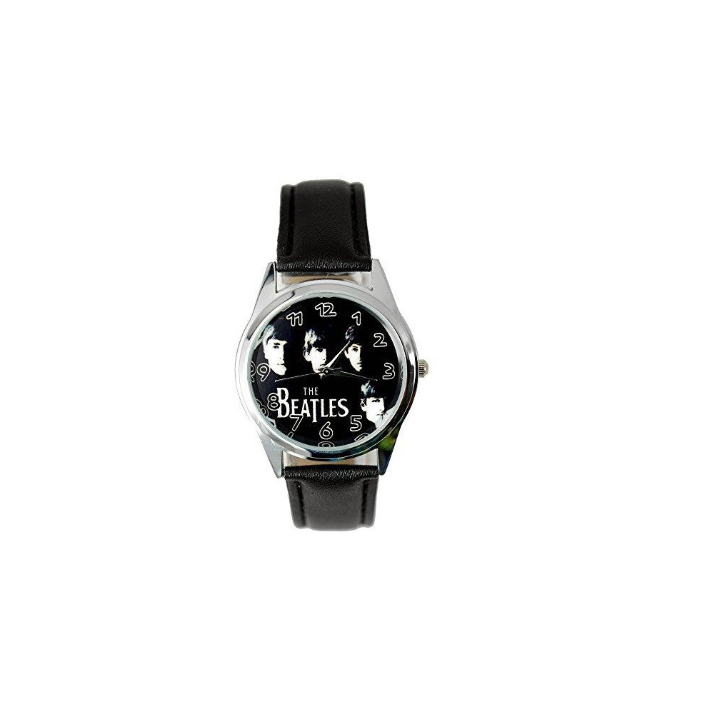 The Beatles Quartz Round Watch Real Leather Band Bw Dial  Black