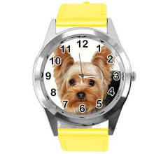 Watch Analogue Quartz with Real Leather Band Yellow Round for York Terrier Fans