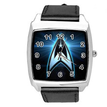 Watch Analogue Quartz with Real Leather Band Black Square for Star Trek Fans