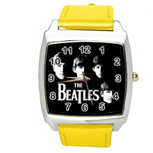 Watch Analogue Quartz with Real Leather Band Yellow Square for Fan of Beatles e2