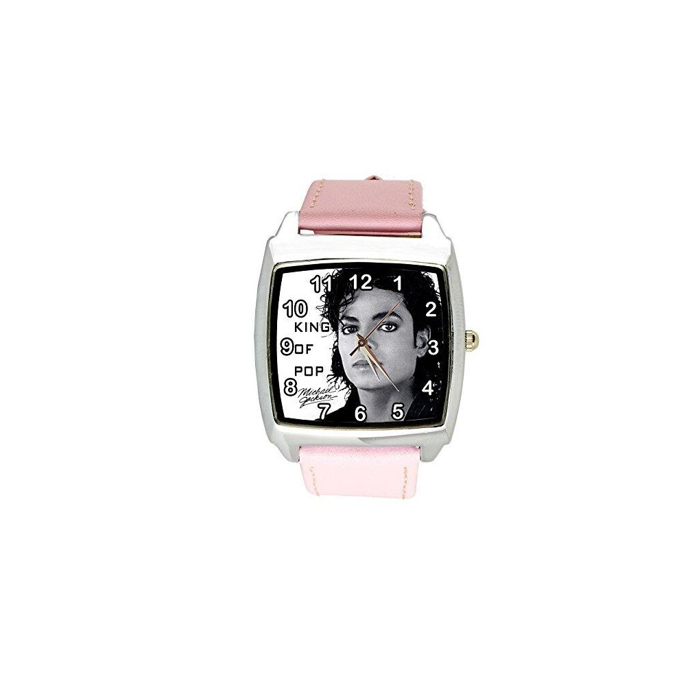 Taport Michael Jackson Quartz Square Watch Real Leather Band Dial E2 Pink