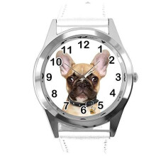 Analogue Quartz Watch with Real Leather Band – White Round Dial, 24cm Band, Stainless Steel Case, for French Bulldog Fans
