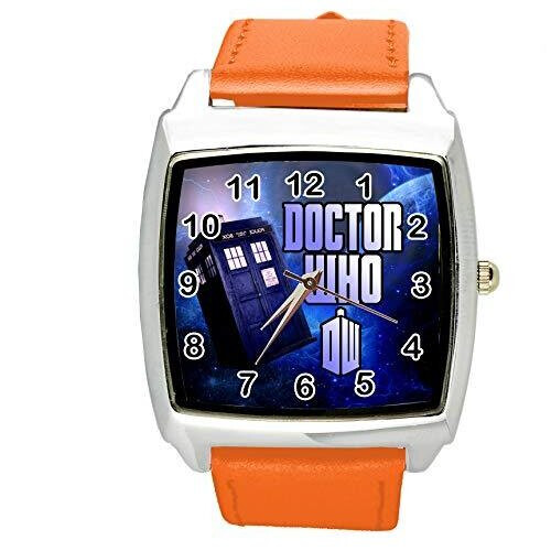 DR WHO Quartz Square SCI FI Watch E2 Orange Real Leather Band