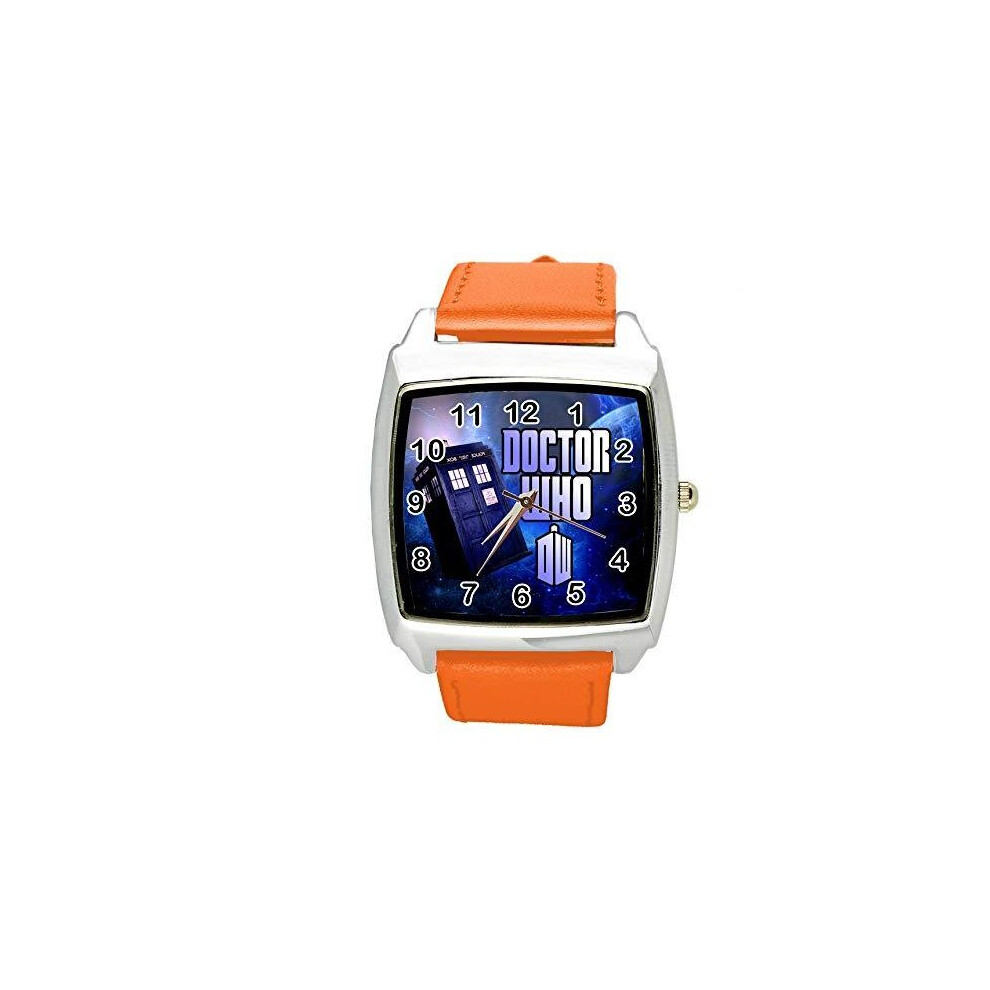 DR WHO Quartz Square SCI FI Watch E2 Orange Real Leather Band