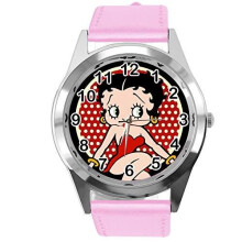 Pink Real Leather Band Watch for Betty Boop Fans - Stainless Steel Case, Quartz Movement, 24 cm Strap