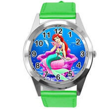 Watch Analogue Quartz with Real Leather Band Green Round for Fan of The Little Mermaid