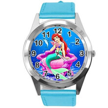Watch Analogue Quartz with Real Leather Band Blue Round for Fan of The Little Mermaid