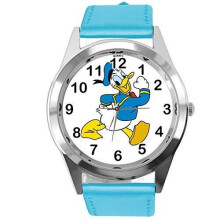 Watch Analogue Quartz with Real Leather Band Blue Round for Fan of Donald Duck