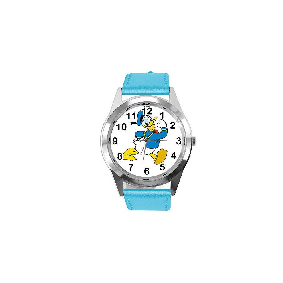 Taport Watch Analogue Quartz With Real Leather Band Round For Fan Of Donald Duck Blue