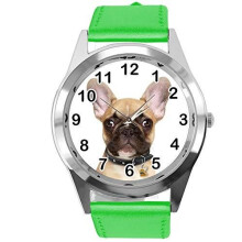 Watch Analogue Quartz with Real Leather Band Green Round for French Bulldog Fans