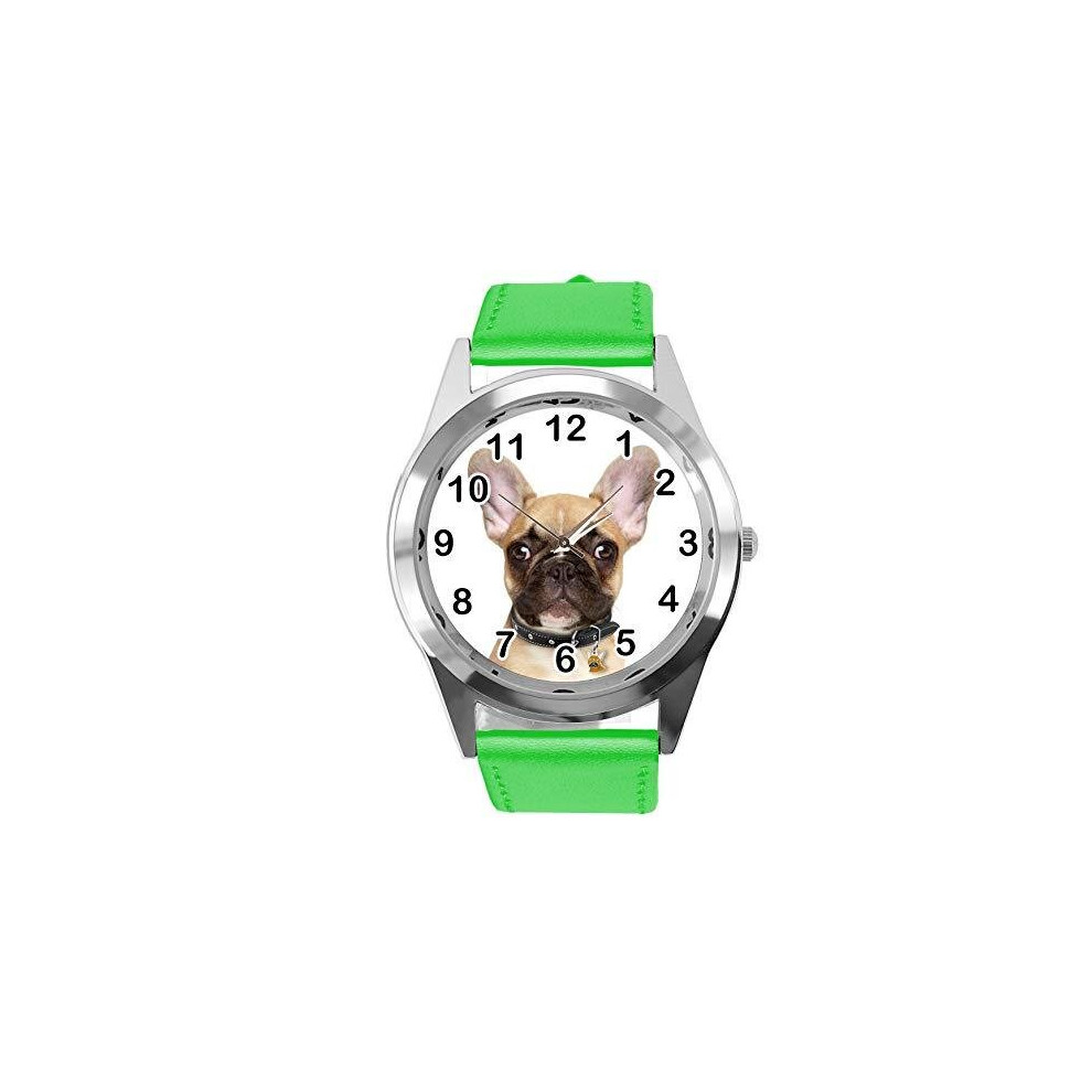 Photos - Wrist Watch Watch Analogue Quartz with Real Leather Band Green Round for French Bulldog Fans