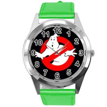 Quartz Watch Green Leather Band Round for Ghost Busters Fans