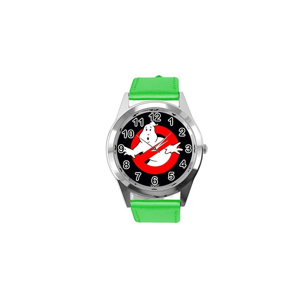 Quartz Watch Green Leather Band Round for Ghost Busters Fans