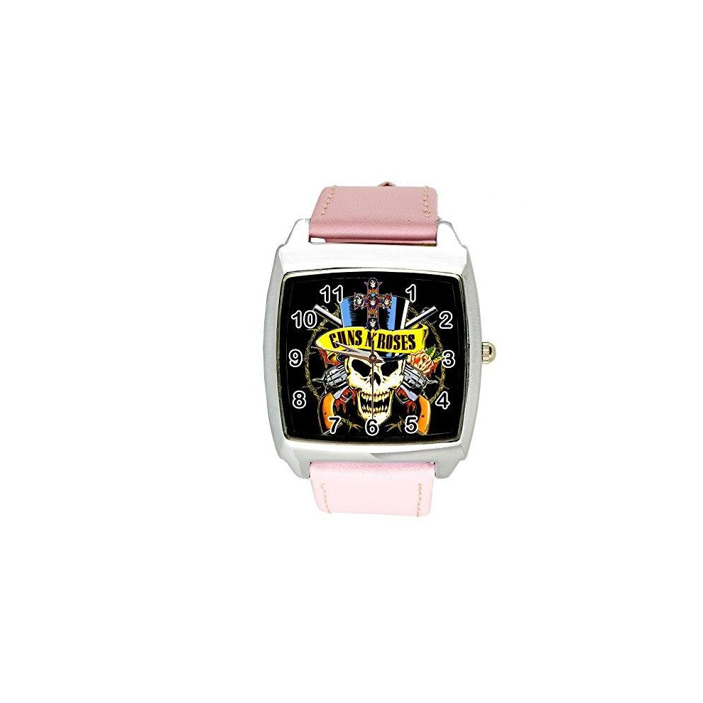 Guns N Roses Quartz Square Watch Real Leather Pink Band