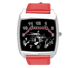 Watch Analogue Quartz with Real Leather Band RED Square for Fan of Metallica
