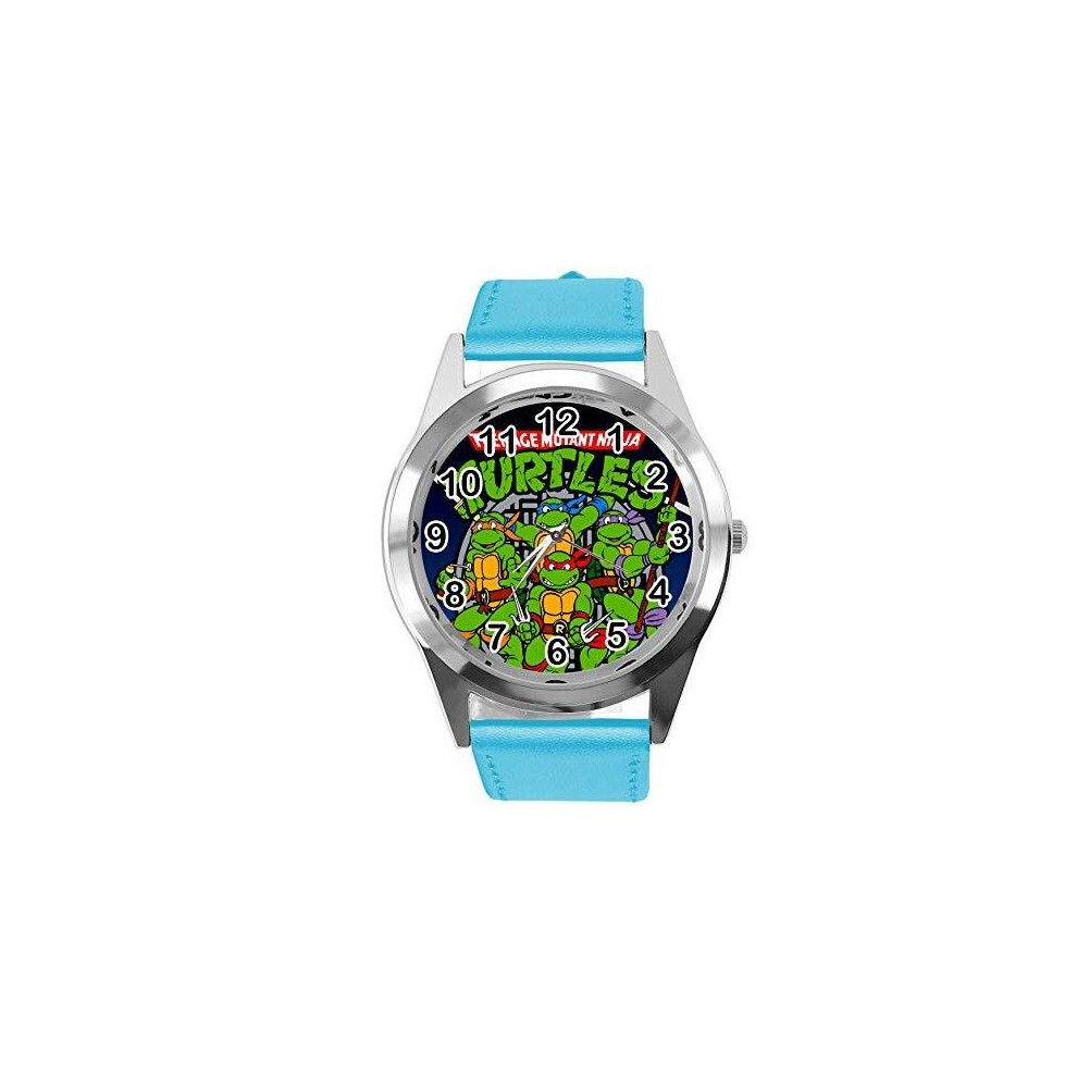 Quartz Watch Blue Leather Band Round for Teenage Mutant Ninja Turtles Fans