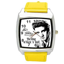 Watch Analogue Quartz with Real Leather Band Yellow Square for Fan of Elvis Presley