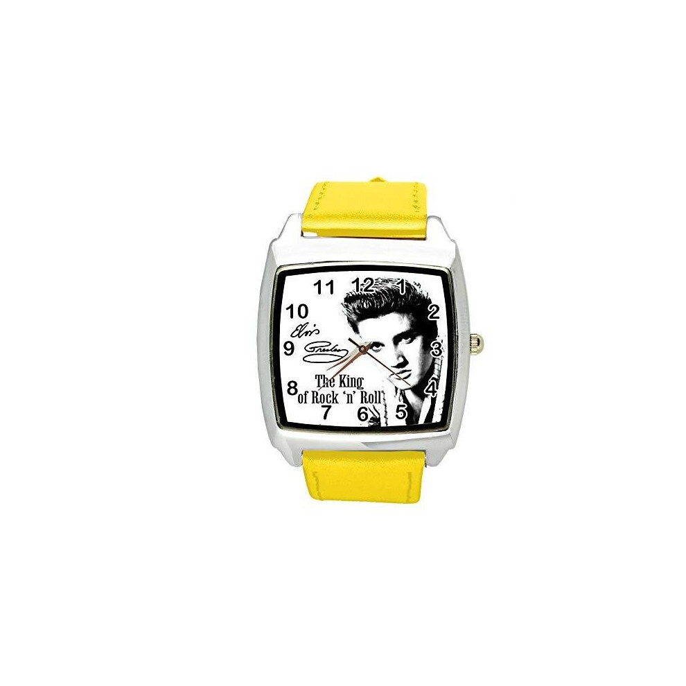 Taport Watch Analogue Quartz With Real Leather Band Square For Fan Of Elvis Presley Yellow