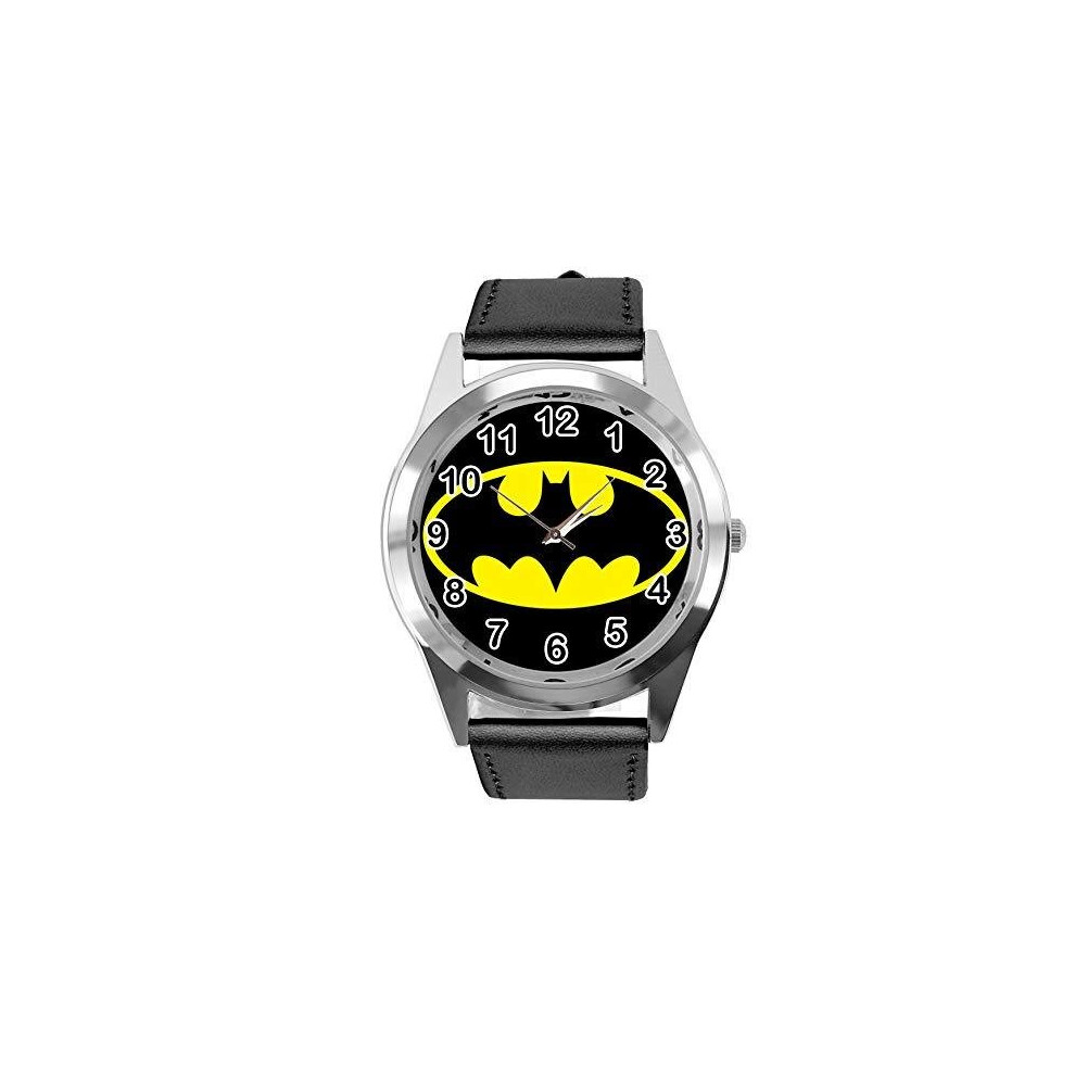 Quartz Watch Black Leather Band Round for Batman Fans