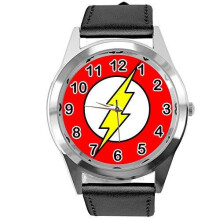 Quartz Watch Black Leather Band Round for Thunder Flash Slash Hero Fans