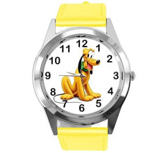 Quartz Watch Yellow Leather Band Round for Pluto Dog Fans