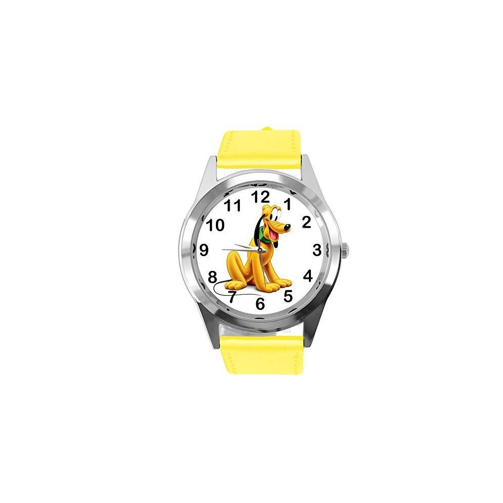 Quartz Watch Yellow Leather Band Round for Pluto Dog Fans