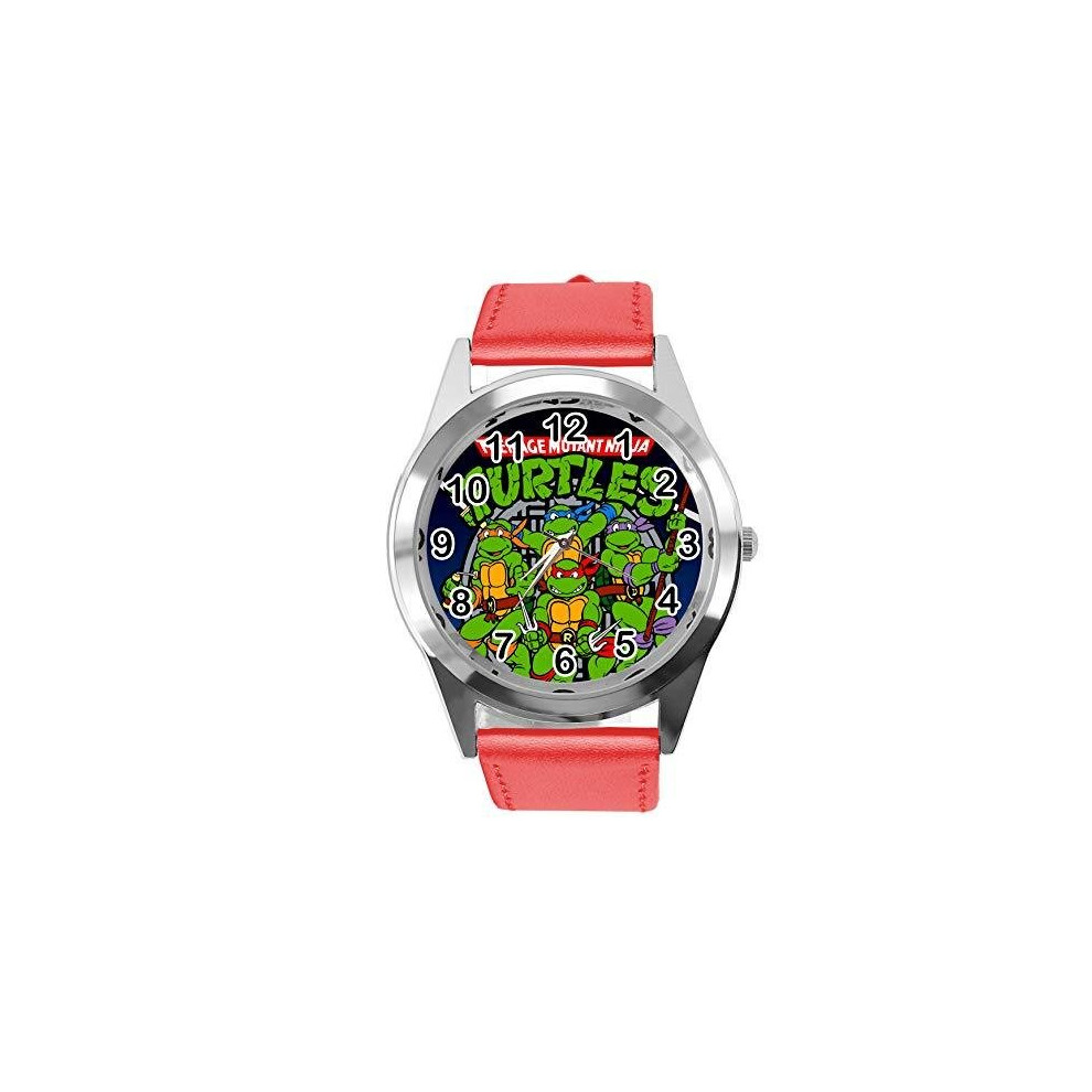 Quartz Watch RED Leather Band Round for Teenage Mutant Ninja Turtles Fans