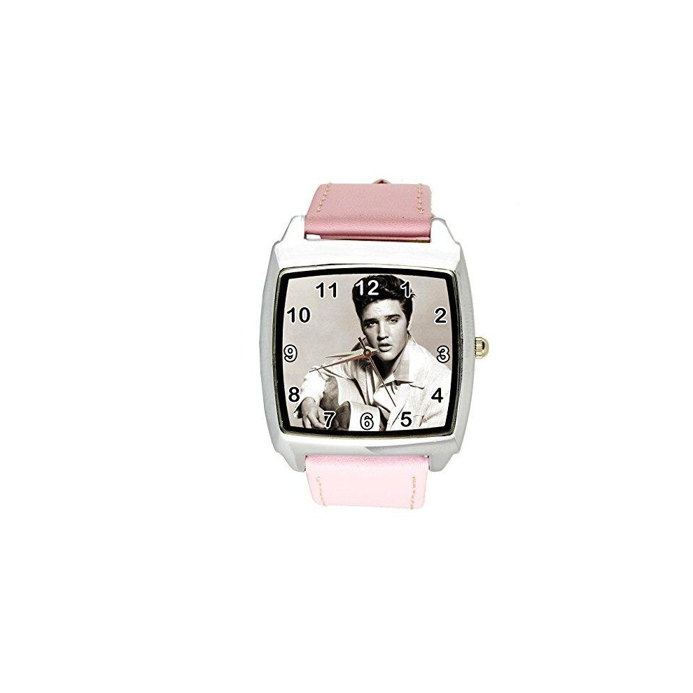 Taport Elvis Presley Music Legend Quartz Square Watch Real Leather Band E4 Dial Pink