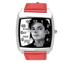 Watch Analogue Quartz with Real Leather Band RED Square for Michael Jackson Fans E2