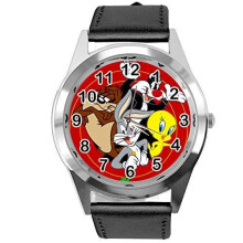 Black Leather Band Round Quartz Watch for Looney Tunes Fans