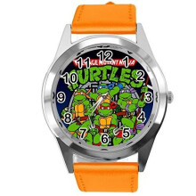 Quartz Watch with Orange Leather Band - Round Face for Teenage Mutant Ninja Turtles Fans