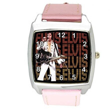 Elvis Presley Vegas Music Legend Quartz Square Watch Real Leather Pink Band Dial