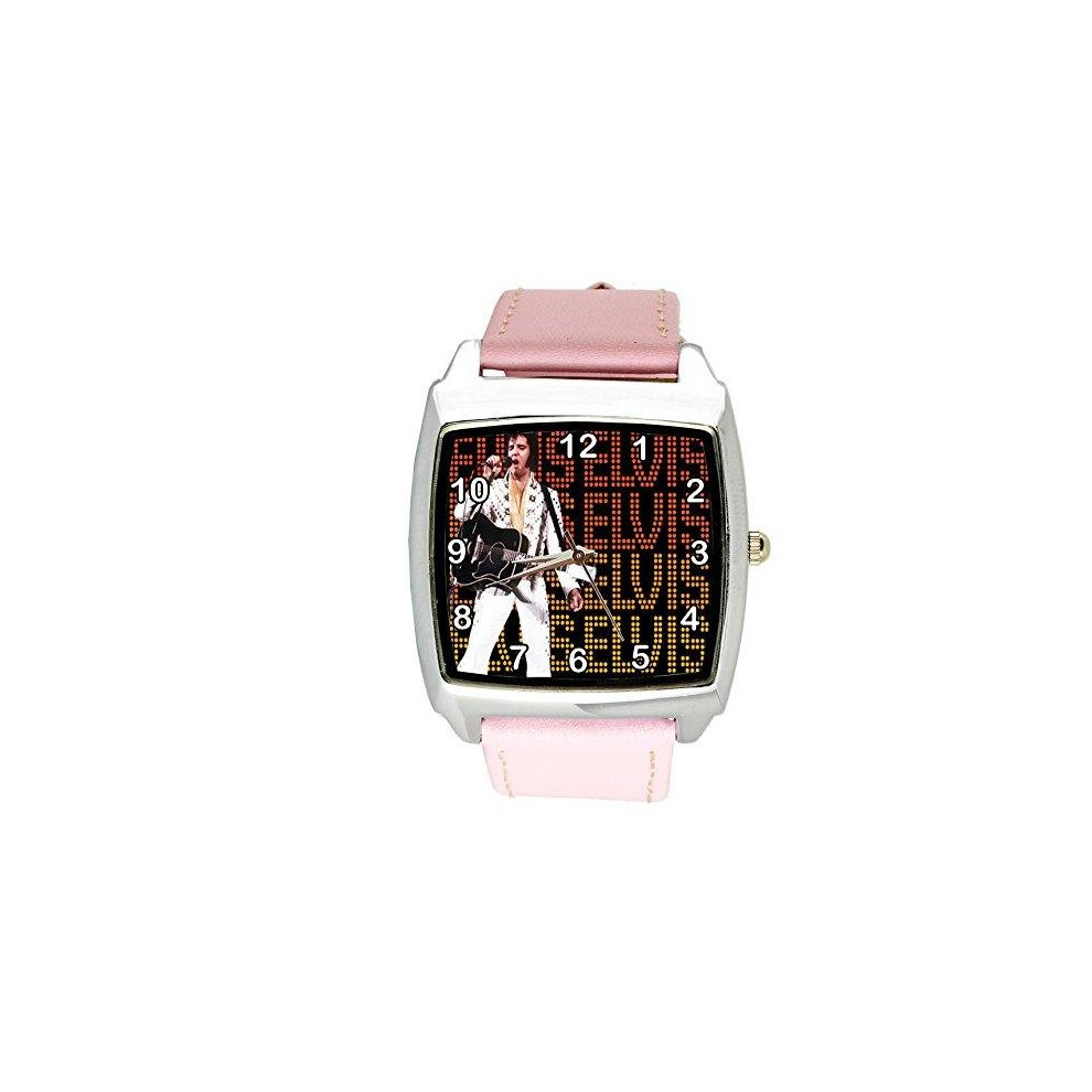 Elvis Presley Vegas Music Legend Quartz Square Watch Real Leather Pink Band Dial