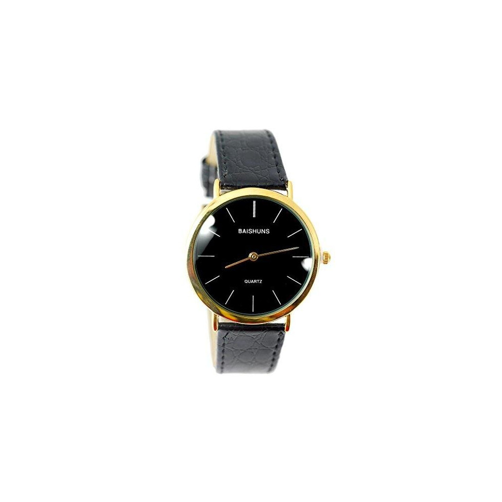 Baihuns Black Leather Band Black dial Gold Plated Watch