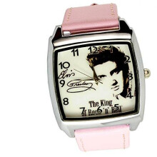 Elvis Presley Quartz Square Watch - Real Leather Pink Band, Stainless Steel Case, 24cm Band