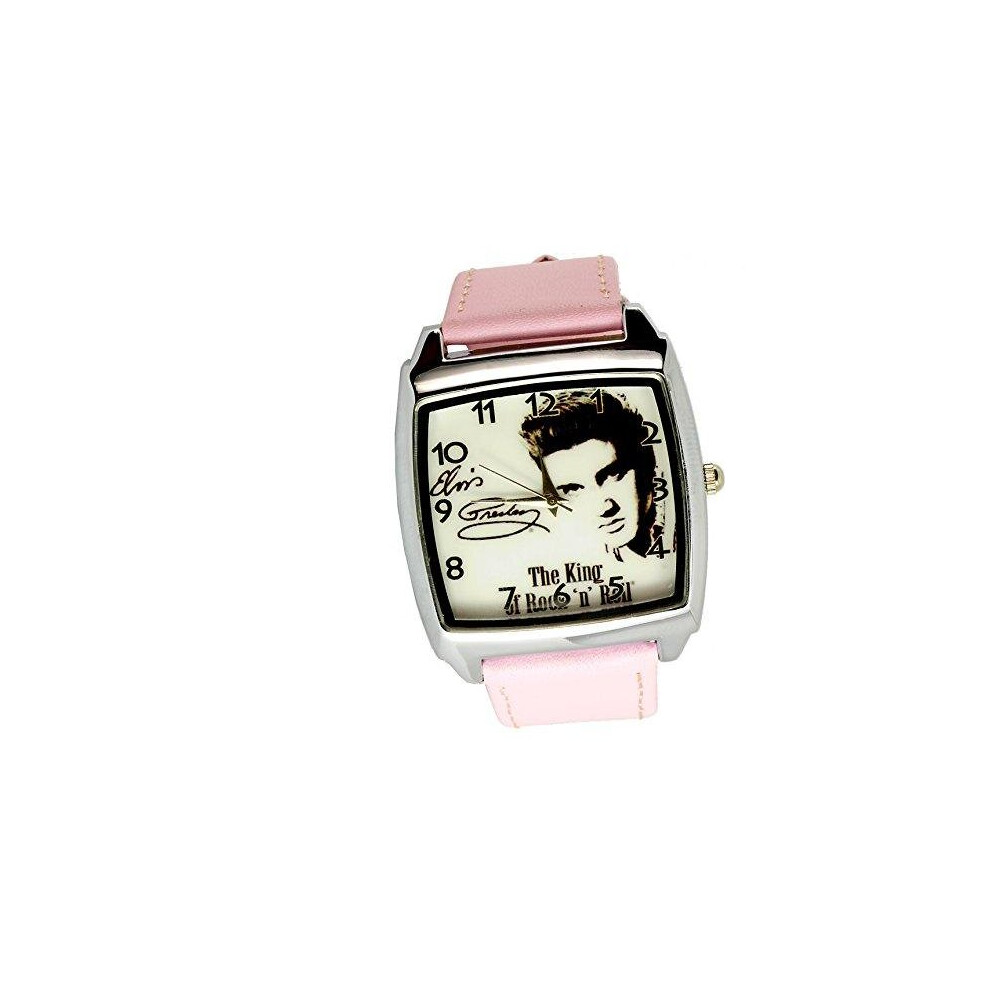 Taport Elvis Presley Quartz Square Watch - Real Leather Band, Stainless Steel Case, 24Cm Band Pink