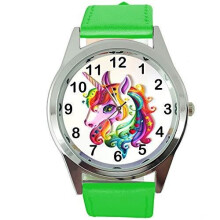 Womens Watch Analogue Quartz with Real Leather Band Green Round Unicorn E1