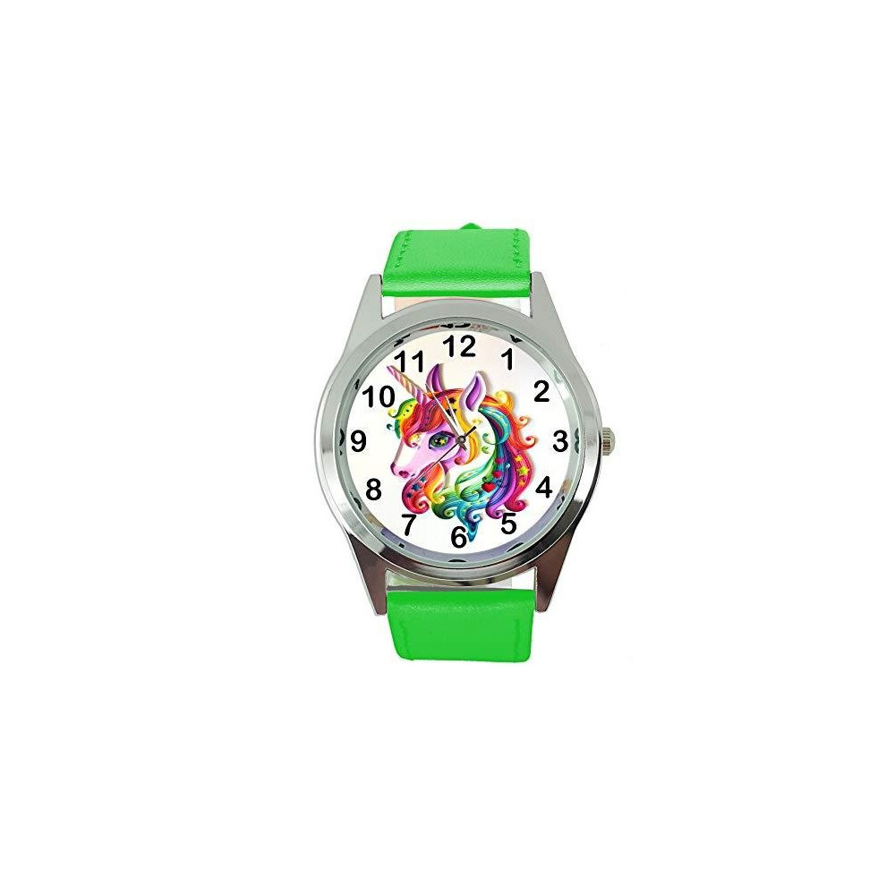 Photos - Wrist Watch Womens Watch Analogue Quartz with Real Leather Band Green Round Unicorn E1