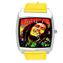 Watch Analogue Quartz with Real Leather Band Yellow Square for BOB Marley Fans E2