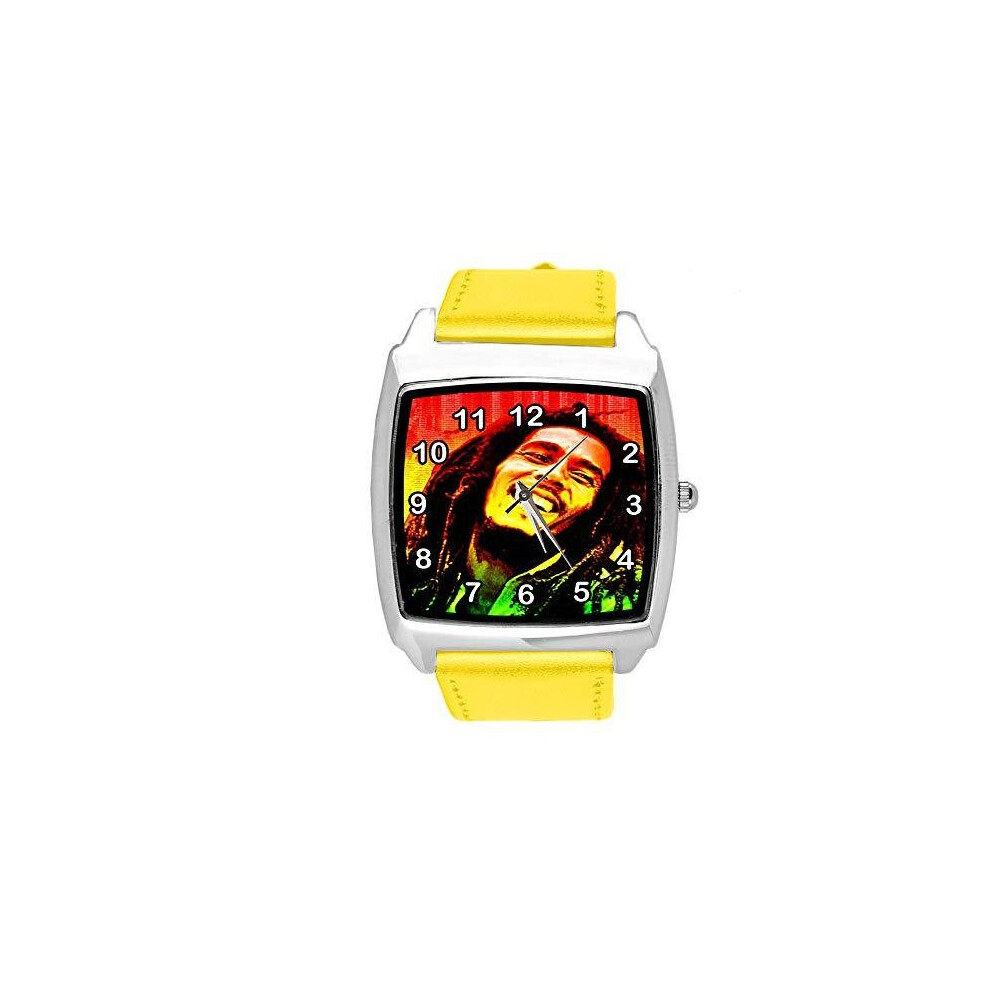Photos - Wrist Watch Watch Analogue Quartz with Real Leather Band Yellow Square for BOB Marley Fans E2