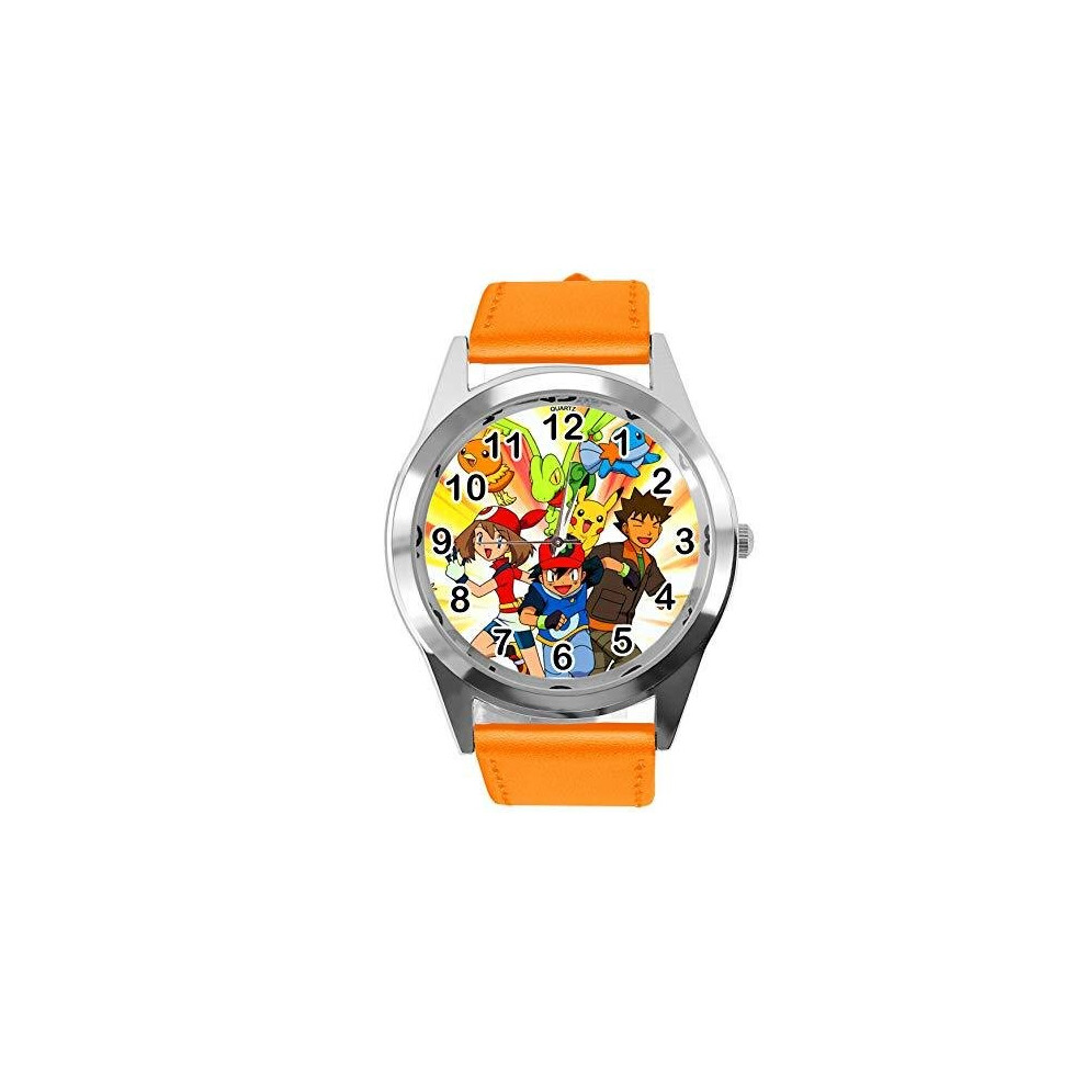 Taport Pokemon League Team Quartz Round Watch Leather Band Orange