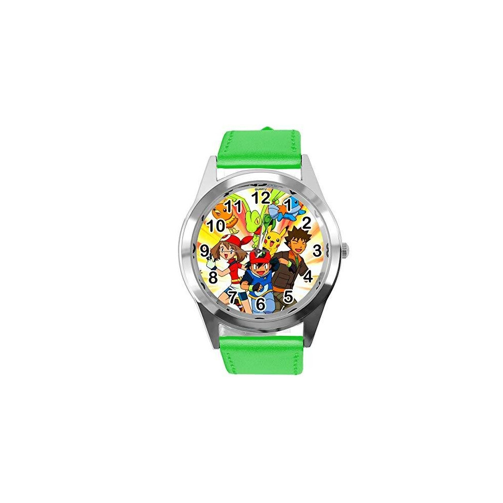 Pokemon League Team Quartz Round Watch Green Leather Band