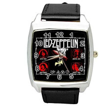 Quartz Square Watch Black Real Leather Band for LED Zeppelin Fans