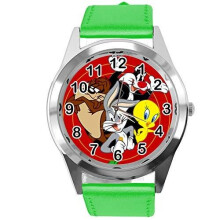 Green Leather Band Round Quartz Watch for Looney Tunes Fans