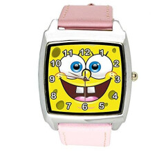 Unisex Watch Analogue Quartz with Leather Strap Sponge Bob Square Pants Pink Square