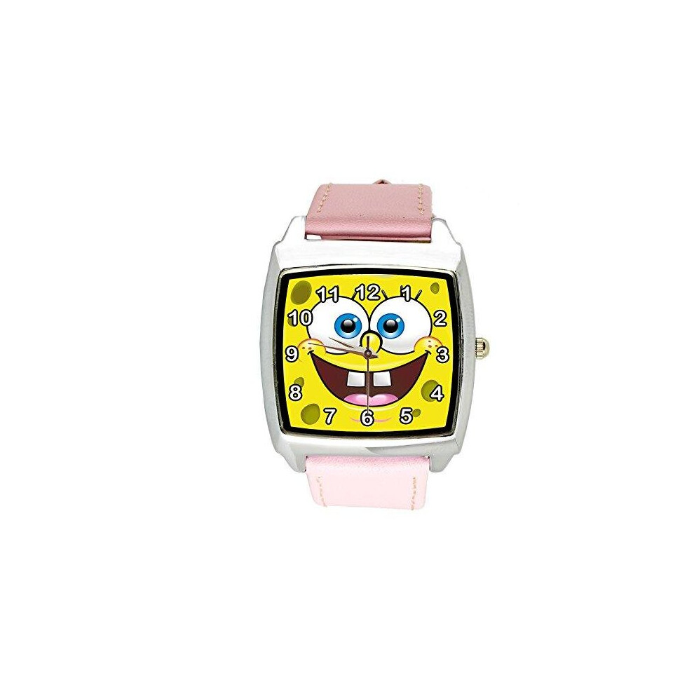Taport Unisex Watch Analogue Quartz With Leather Strap Sponge Bob Square Pants Square Pink
