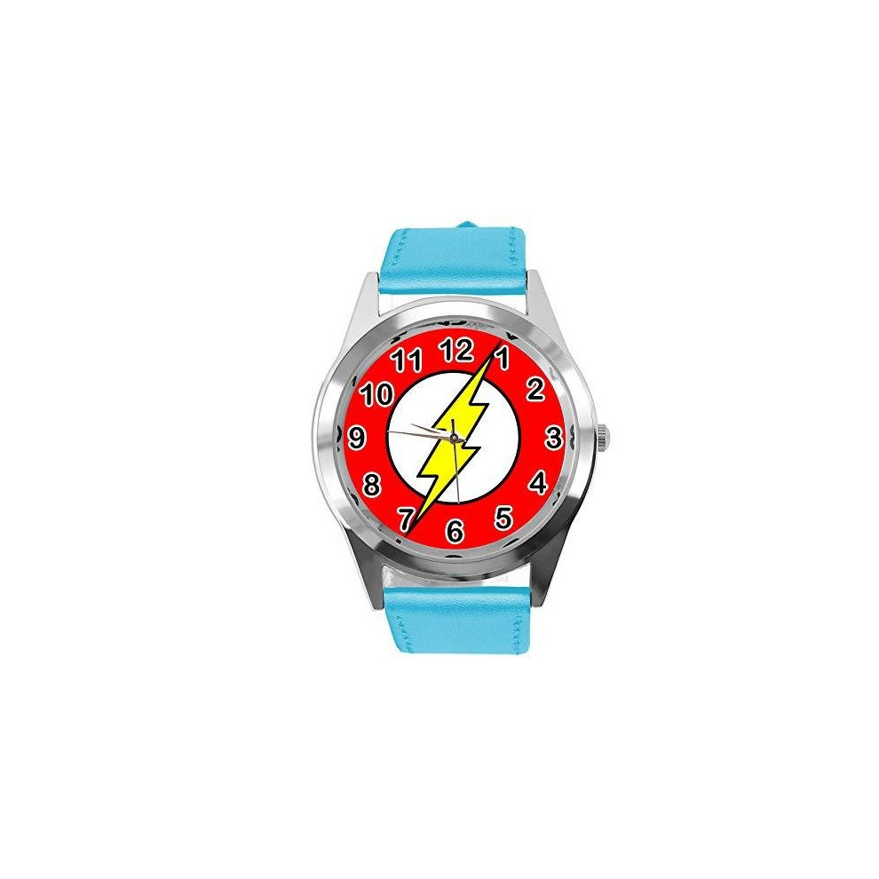 Quartz Watch Blue Leather Band Round for Thunder Flash Slash Hero Fans