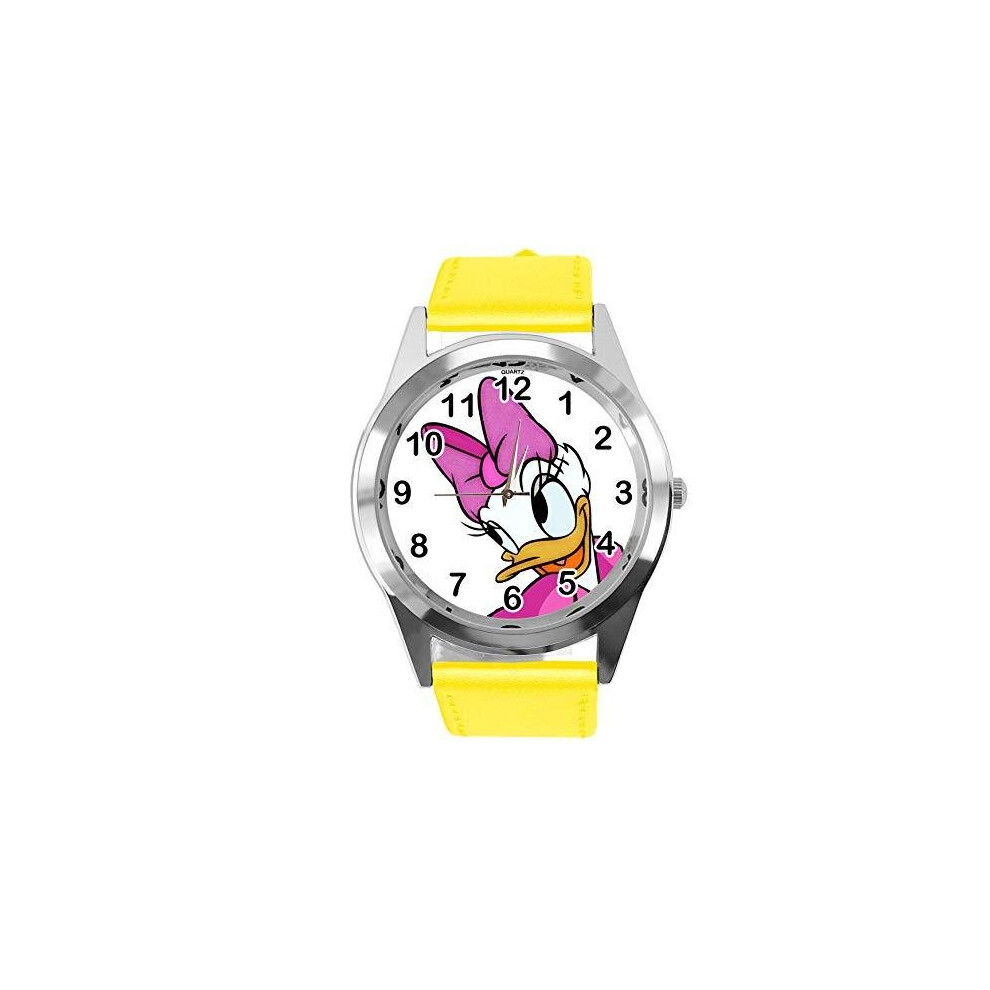 Real Leather Yellow Strap Round Watch for Daisy Duck Fans